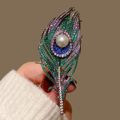 Luxus Kristall Pfauenfeder Brosche Vintage Cheongsam Korsage Temperament Blazer Kleidung Schmuck Zubehör Hochzeitsabzeichen
