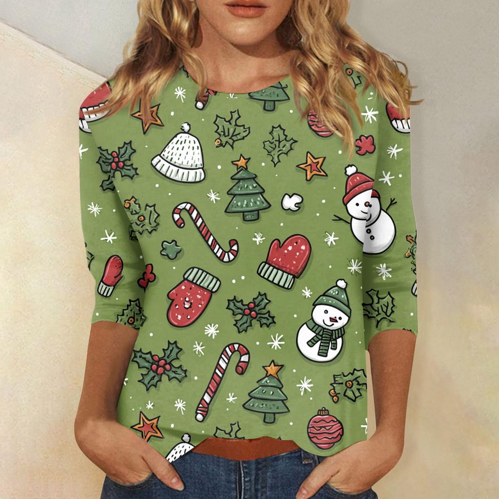 Damebluser Trekvart ermet skjorte V-hals Løs fritidsskjorte Trykk T-skjorte