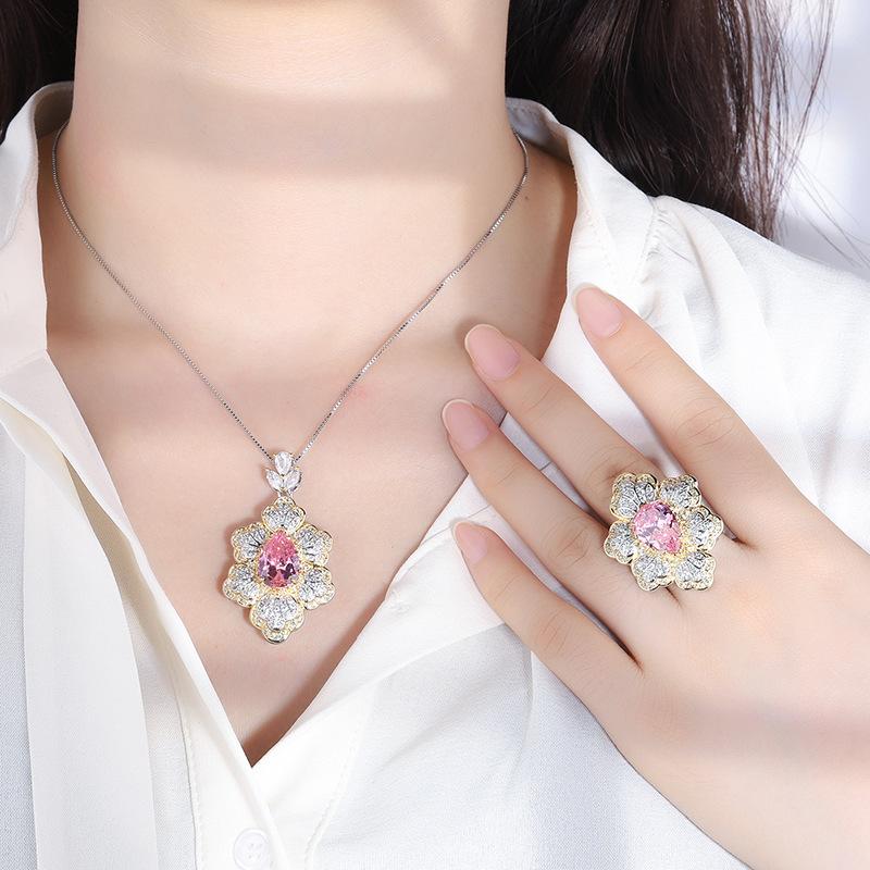 Jewelry Copper Bottom Gold-Plated Simulation Cherry Blossom Pink Diamond Creative Flower Shape Full Diamond Luxury Setting Set 10 * 14
