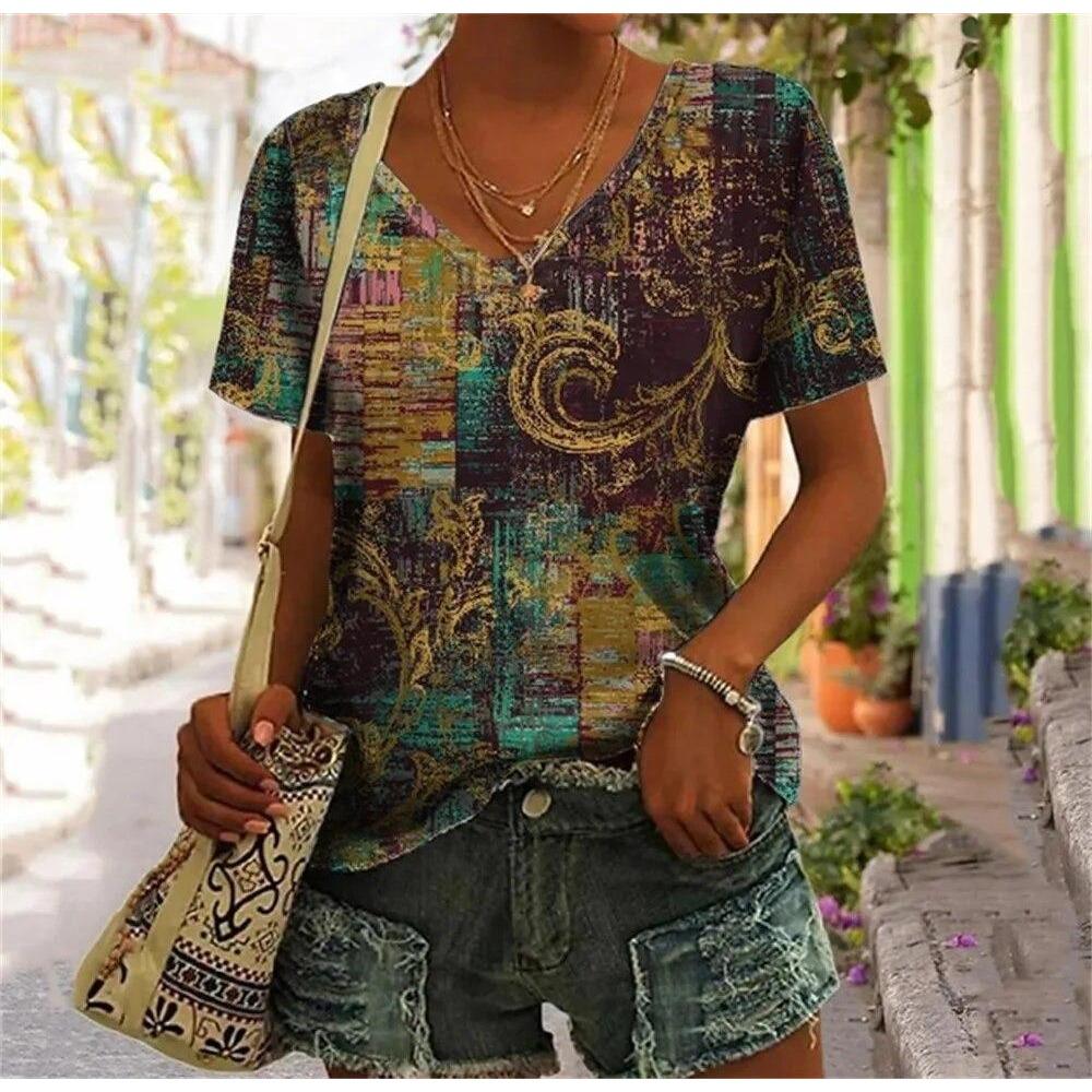 Abstract Face T-Shirts Fake Pocket 3D Print Women's V-Neck Short Sleeve T Shirt Y2K Casual Tees Harajuku Tops Female Clothing