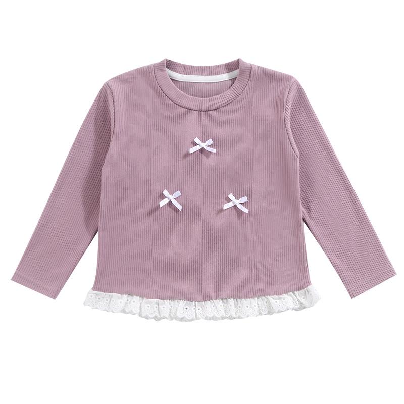 Girls Spring Base Layer Versatile Long-Sleeve Lace Round-Neck Top with Bow Korean-Style Outerwear for Girls