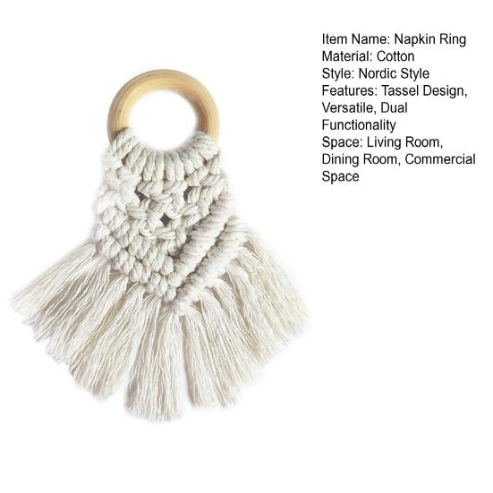 Napkin Ring Boho Style Cotton Rope Solid Wood Ring Tassel Decor Dinner Ring Handwoven Table Decoration
