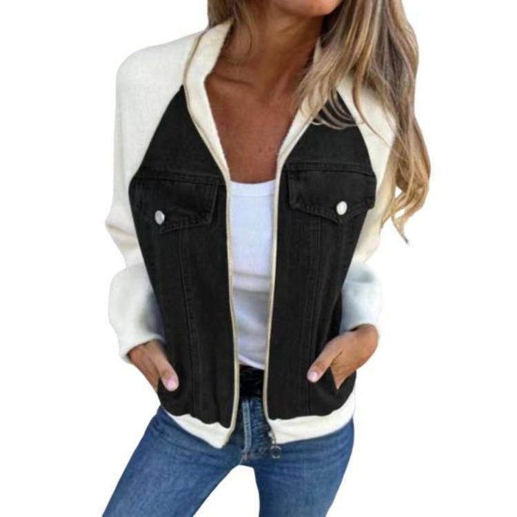 Long Sleeves Women Jacket Patchwork Raglan Shoulder Turn Down Cardigan Zip Up Pockets Color Matching Fall Winter