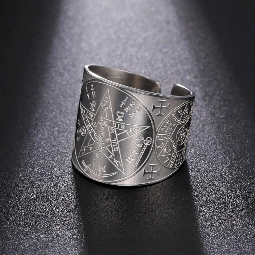 COOLTIME Pentagram Men Ring Stainless Steel Tetragrammaton Amulet Solomon Wiccan Jewelry for Protection