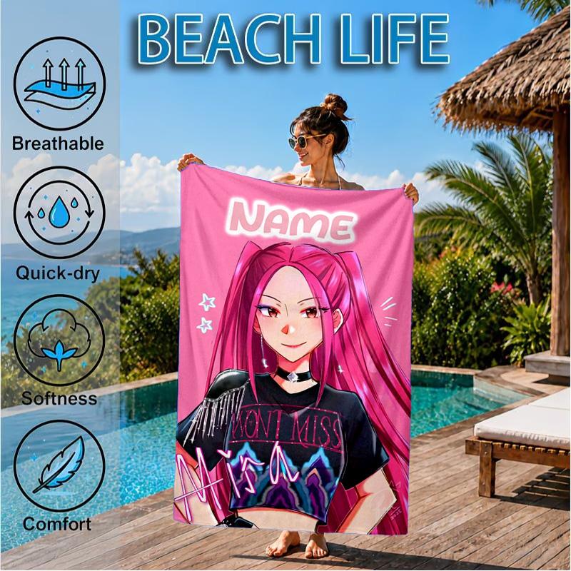 Custom Name KPop Cartoon Beach Towel Microfiber Beach Towel, Lightweight and Quick-Dry, for Summer Travel, Swimming Pool Gift