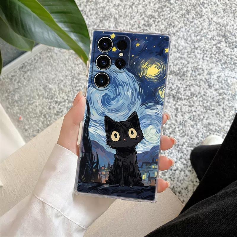 Retro Oil Painting Starry Sky Cat Clear Case For Samsung Galaxy S26 S25 S24 S23 Ultra S20 S21 FE S22 Plus S26 Ultra Phone Cover