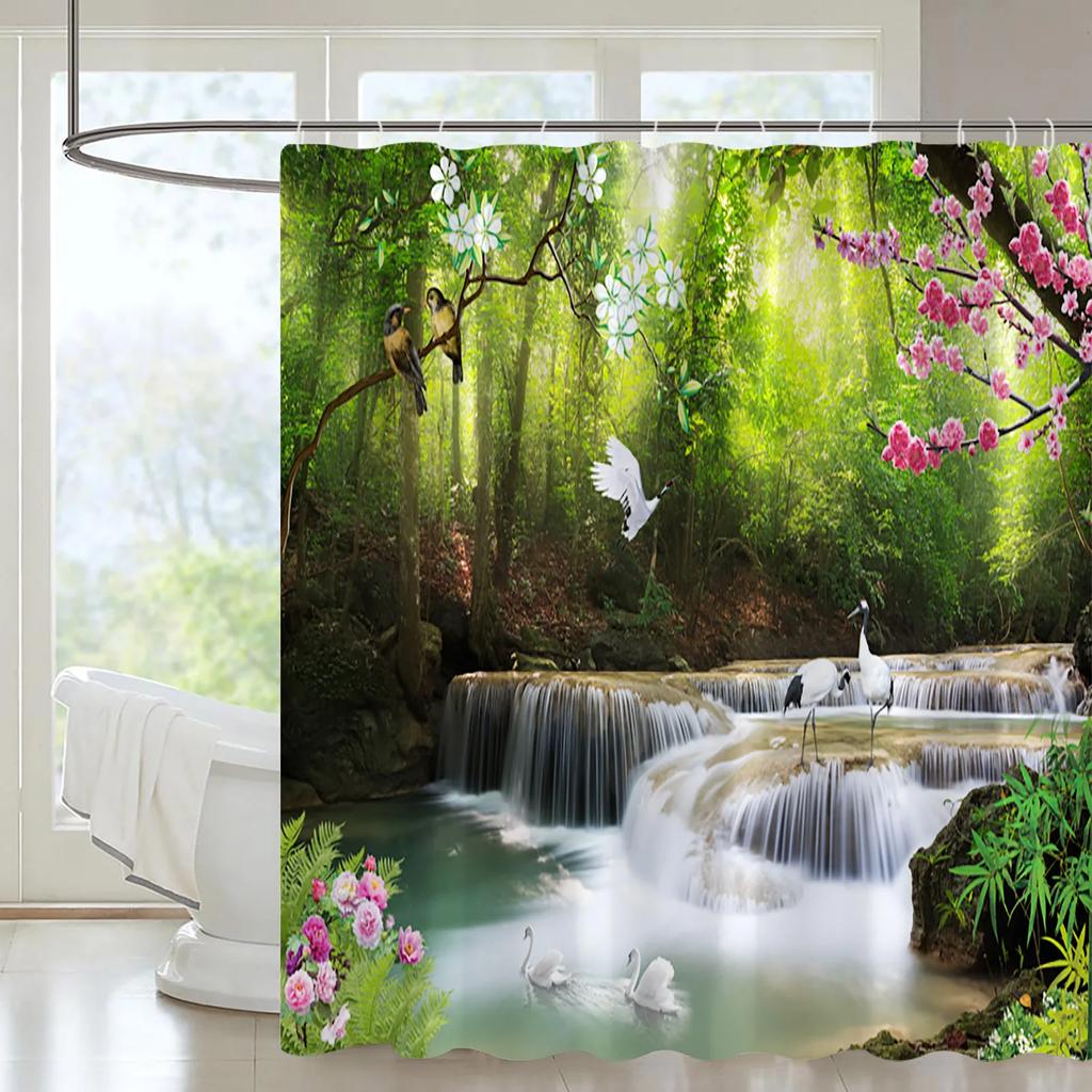 Mountain Forest Streams Natural Landscape Shower Curtain Set Waterfall Scenery View Plant Orchid Printing Bathroom Decor Curtain