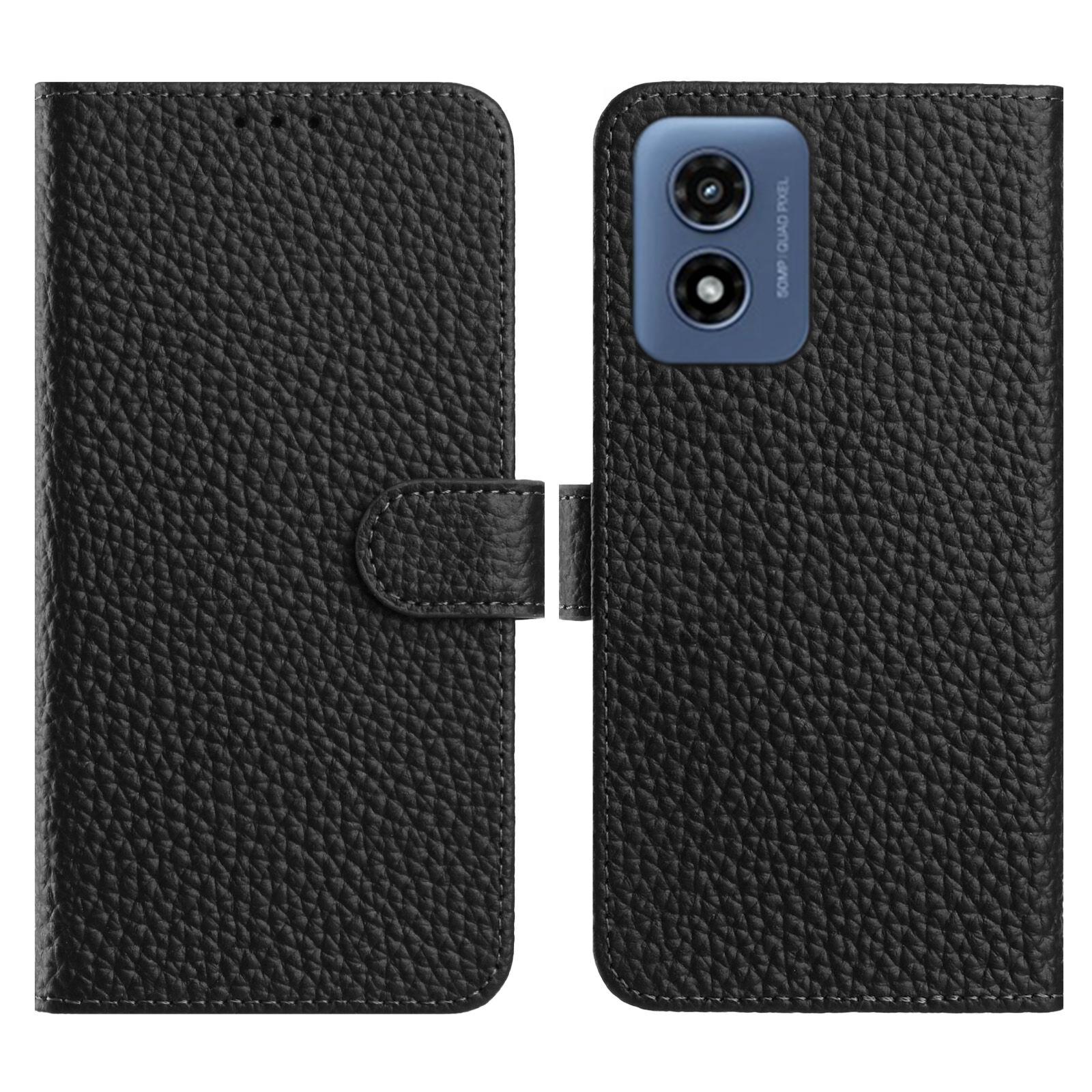 

For Motorola Moto G 5G (2024)/G Play 5G (2024) Case Wallet Stand Litchi Texture Genuine Cow Leather Flip Phone Cover Black