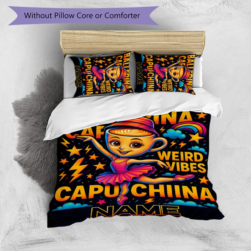 3pcs Custom Name Ballerina Capuchina Bedding Set Duvet Cover Closure Includes 1 Duvet Cover & 2 Pillowcases for All Seasons Bedroom Decor