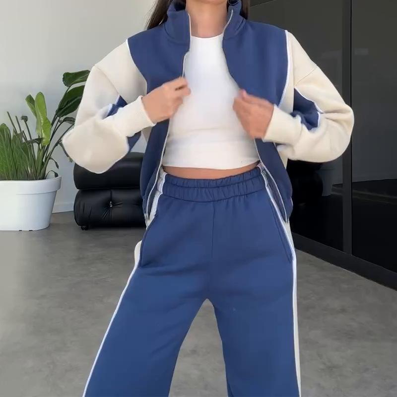2024 Europe, America, Amazon cross-border women's clothing new fashion splicing contrasting color sports sweater temperament suit pants