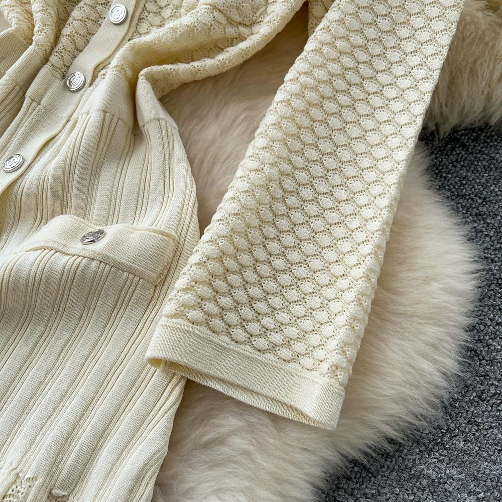 Autumn Winter Women Elegant SP Hollow Out Knitted Sweater Long Midi Christmas Party Split Dresses