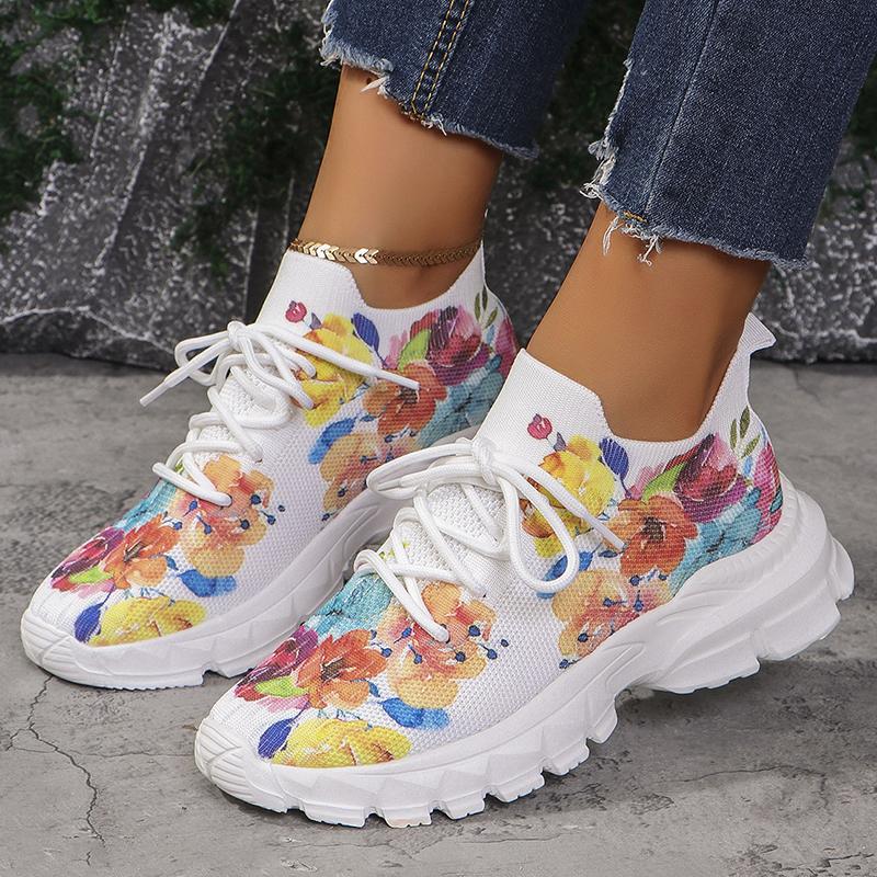 Fashion Floral Print Women's Knitted Sneakers Summer 2025 New Breathable Air Mesh Casual Shoes Woman Light Weight Walking Sports Flats