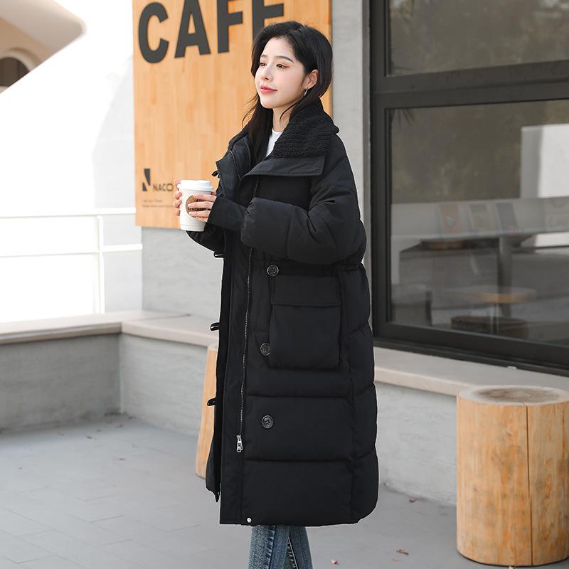 Women's Cotton-padded Coat Mid-length Korean Style Winter Casual Thickened Lapel Knitted Coat Over-the-knee Coat Loose Solid Color Cotton-padded Coat