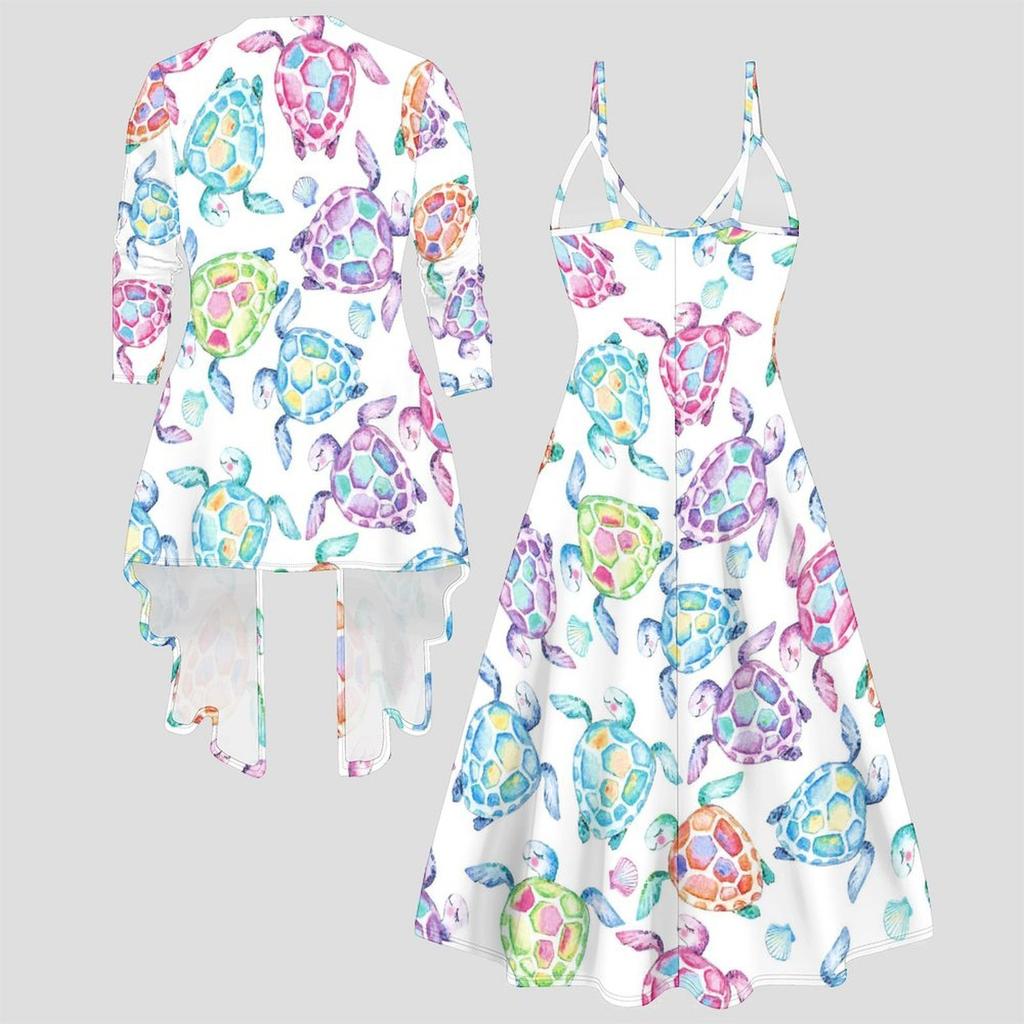 3D  Printed  Set Dress Coat , Colorful Sea Turtles Fashion Print,suitable for Various Scene Fashion Styles