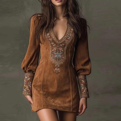 Elegant Ladies Dress Embroidered Design Long Sleeve V Neck Mini Dresses For Women Fashion Party Dress Female Sexy Club Dress