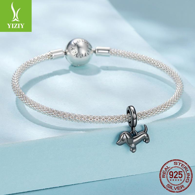 Black Dachshund Diy Pendant Accessories, Cute Animal S925 Sterling Silver Plated With Black Gold Beads.