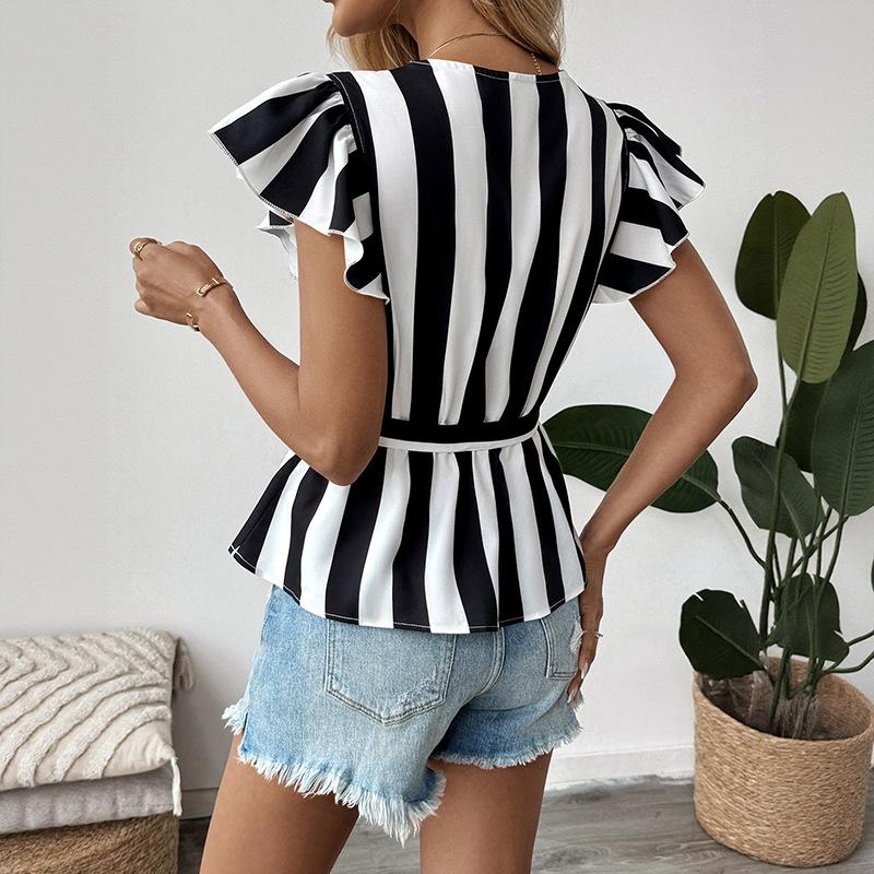 JKASHDK Damenmode Casual Sommer Frühling Streifendruck Kurzarm V-Ausschnitt Blusen & Hemden