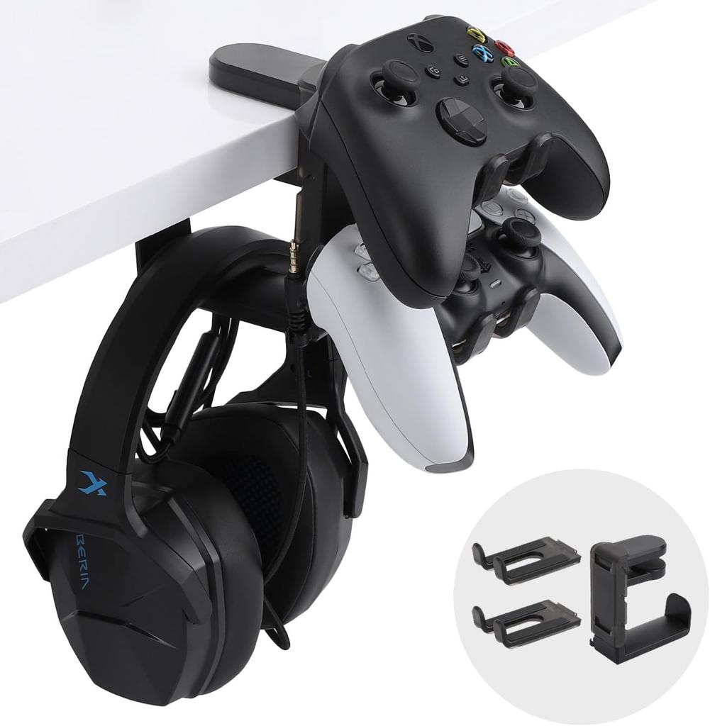 3-in-1 No Punch Table Clip Hook Headphone Holder 360° Rotating Controller Holder Miscellaneous Storage Hanging Hooks