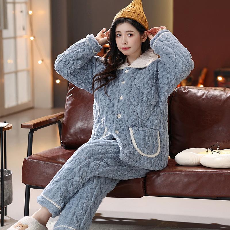 Pajamas Women's Winter Three-layer Thickened Padded Jacket Coral Fleece Lapel Super Warm Can Be Worn Outside Loungewear