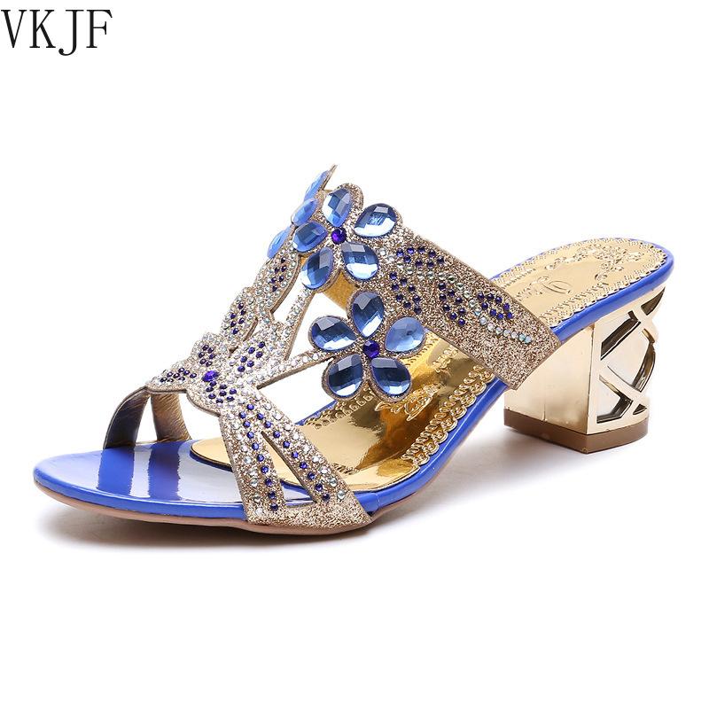 Fashion 2025 New Hot Glitter Mesh Women Sandals Summer Fashion Outdoor Peep Toe Casual Beach Slippers Thick Heel Slip On Women Sandals