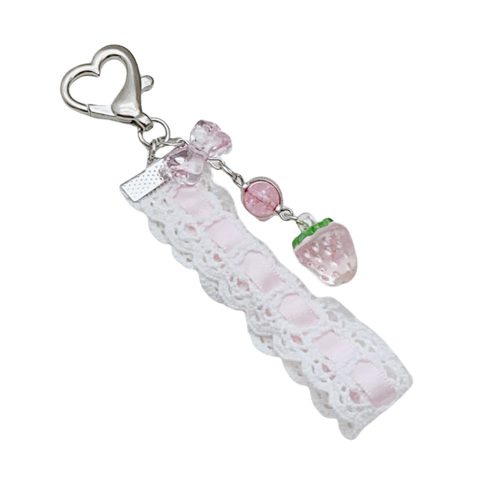 

Cute Strawberry and Butterfly Phone Charm Charming Lace and Bead Keychain Phone Strap with Strawberry and Tulip Ornament A