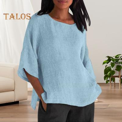 Camisa feminina manga 3/4 casual gola redonda cor sólida pulôver tops solto ajuste férias blusa uso diário