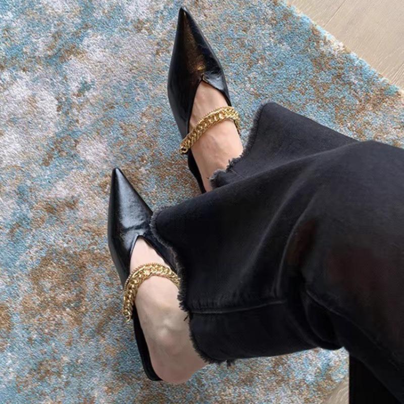 Fashion Pointed Toe Half Slippers Women's Outside Wear New Summer Baotou Shallow Mouth Metal Chain Soft Slip Flat Shoes