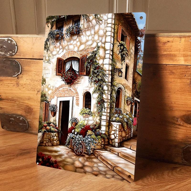 

1 piece: European retro country style stone house tin painting, courtyard balcony wall decoration, nostalgic floral architectura (as the picture,20x30cm)