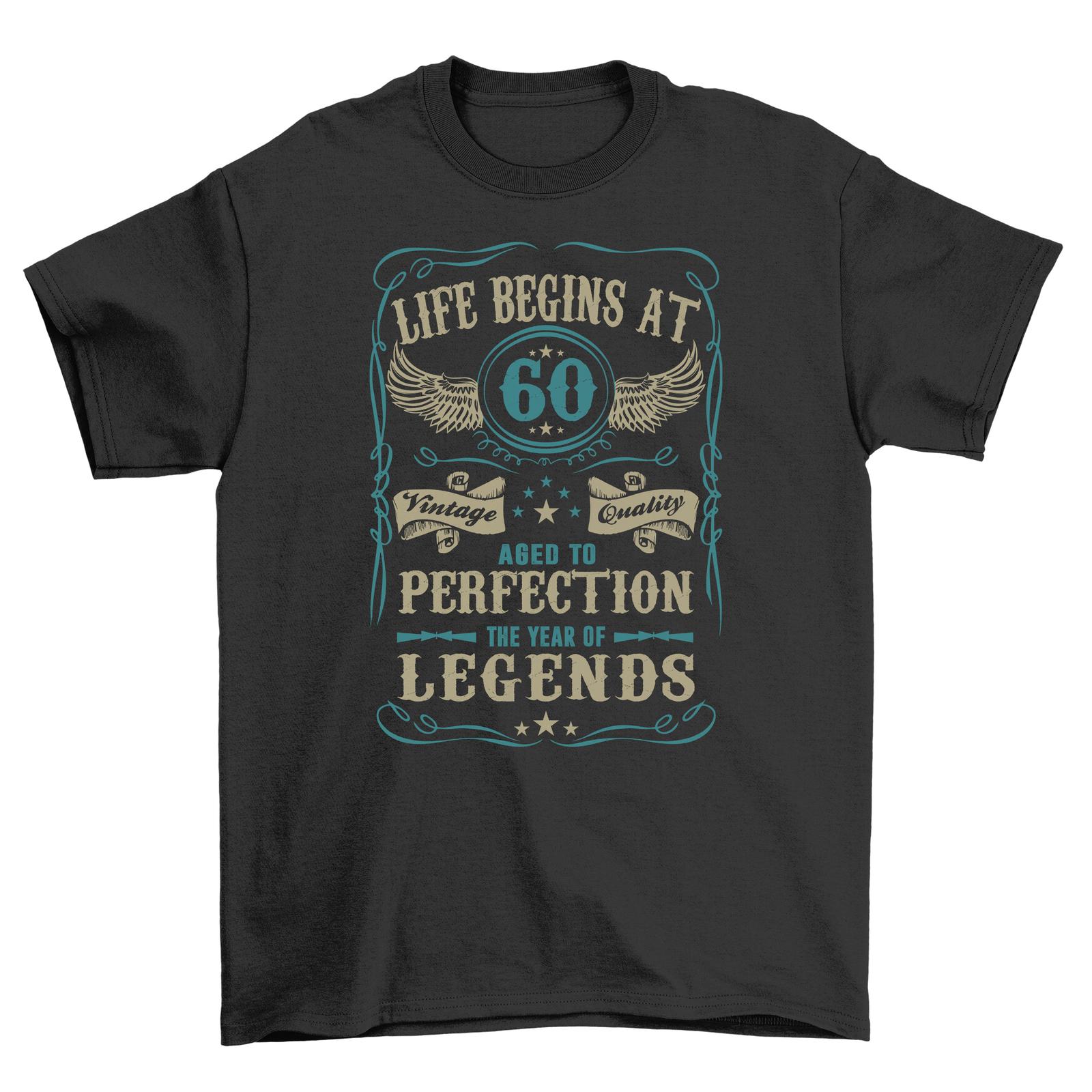 Life Begins at 60 - Funny T-Shirt Mens Womens Tees Top for the Young at Heart! Unisex Printed Design, XL