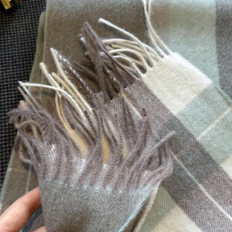 New Wool Warm Scarf for Women in Color Blocked Plaid Scarf Long Tassel Scarf Thickened and Warm