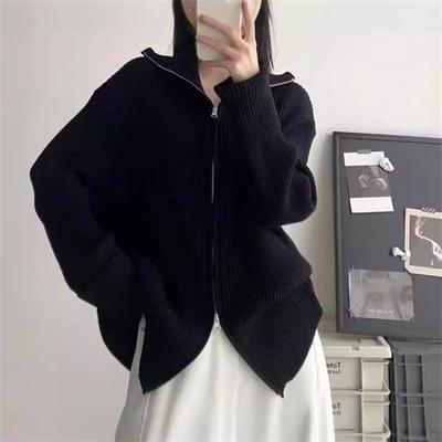 Lässige Strickjacke mit doppeltem Reißverschluss und Reverskragen im College-Stil für Damen, ideal für Herbst und Winter, mit weichem, wachsartigem, lockerem Schnitt.