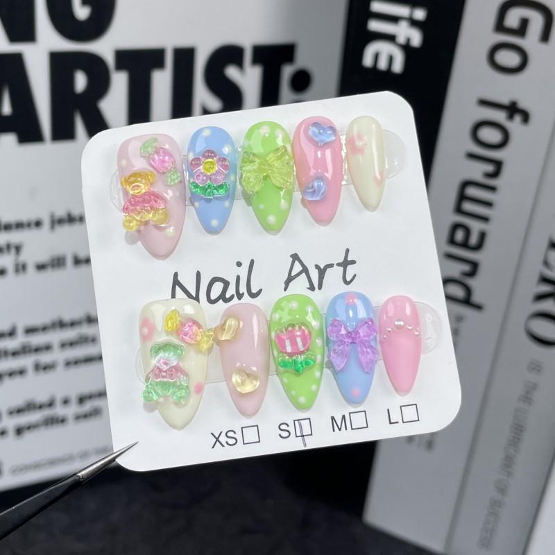 Sweet Cute Cartoon Press-On Nails Short Almond Shape Self-Adhesive Nail Tips Women Girls