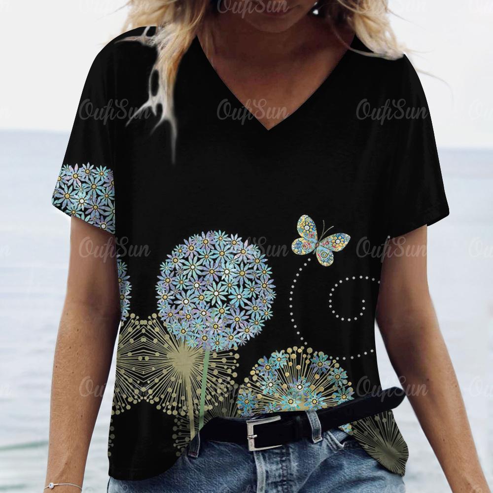 2024 Luxus Damen T-Shirt 3D Blumen- und Grasdruck Übergröße Damen Trend Kleidung Mode Kurzarmshirt Damen V-Ausschnitt Top