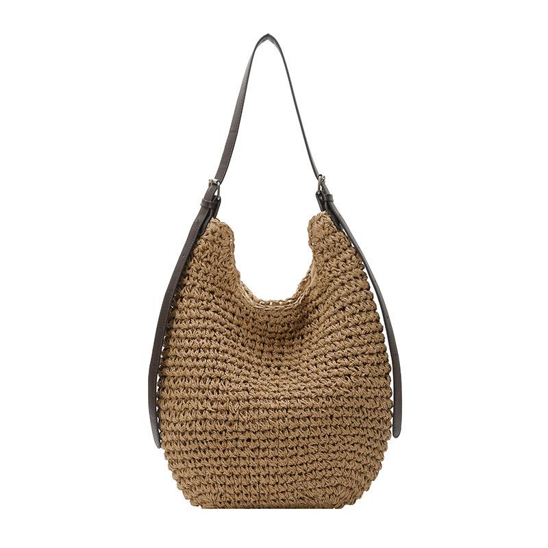 

Плетеная из ротанга сумка-хобо для женщин – Бохо летняя сумка-тоут с кожаным ремешком, натуральная текстура хаки
