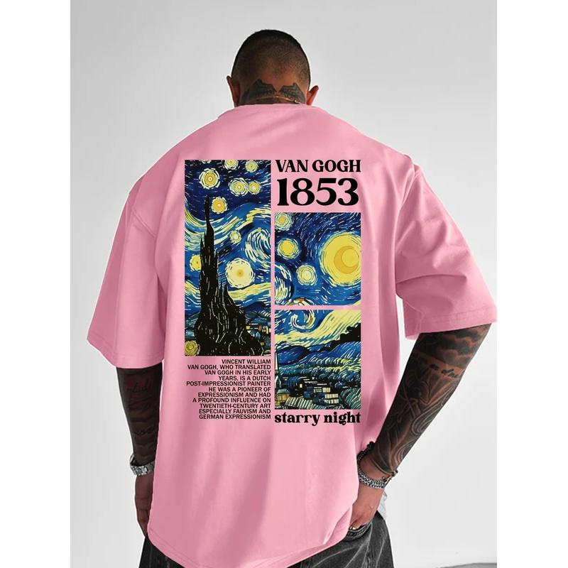 Men's summer 100% pure cotton fashionable casual loose tribute Van Gogh famous painting printed round neck short sleeved T-shirt