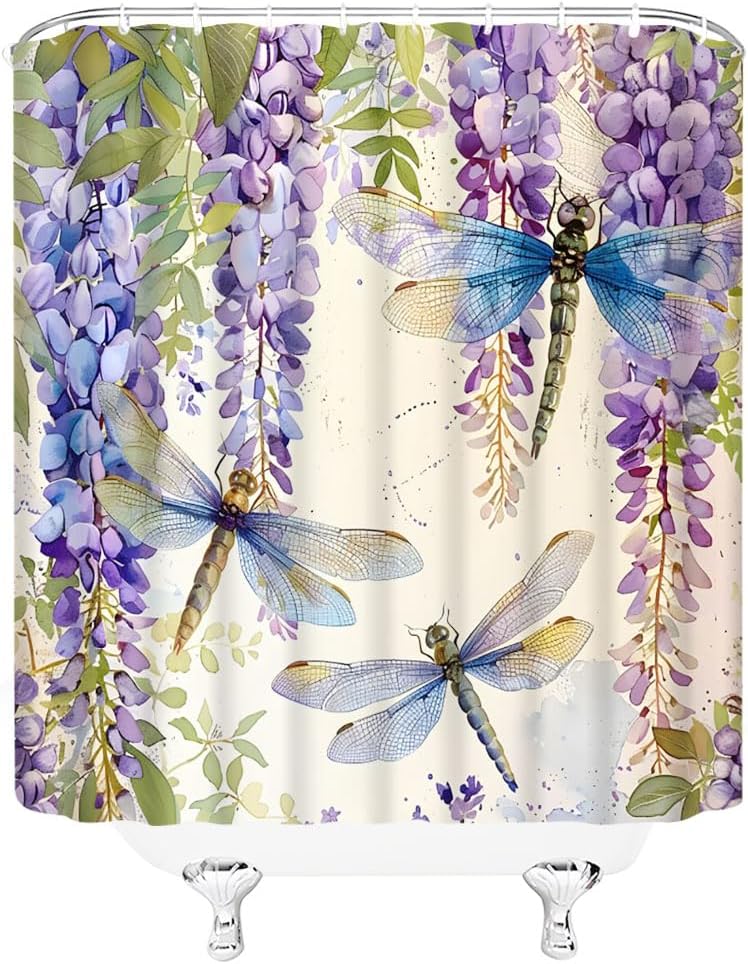 Purple Dragonfly Floral Shower Curtain Lavender Watercolor Weeping Wisteria Blossom Vine Violet Spring Flower Leaves Women Gir