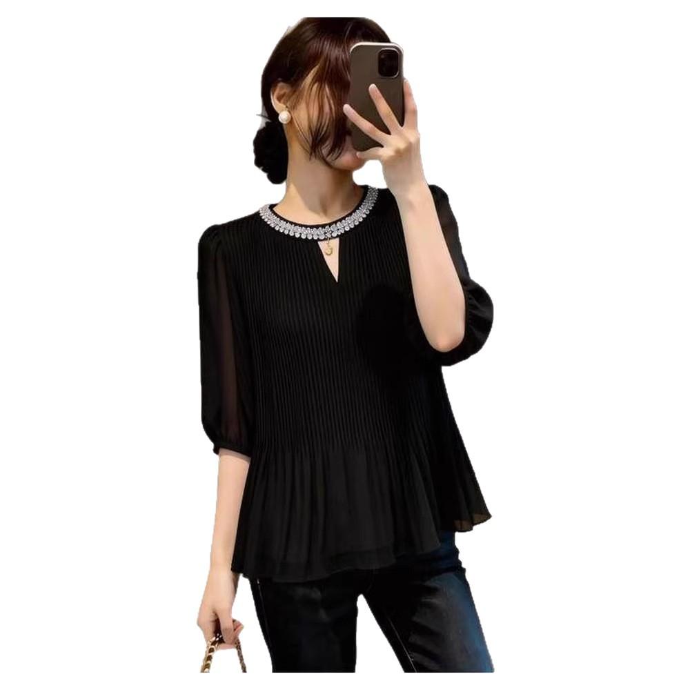 Summer new Korean version of foreign temperament age-reducing short-sleeved chiffon shirt women's loose large-size short-sleeved shirt women A
