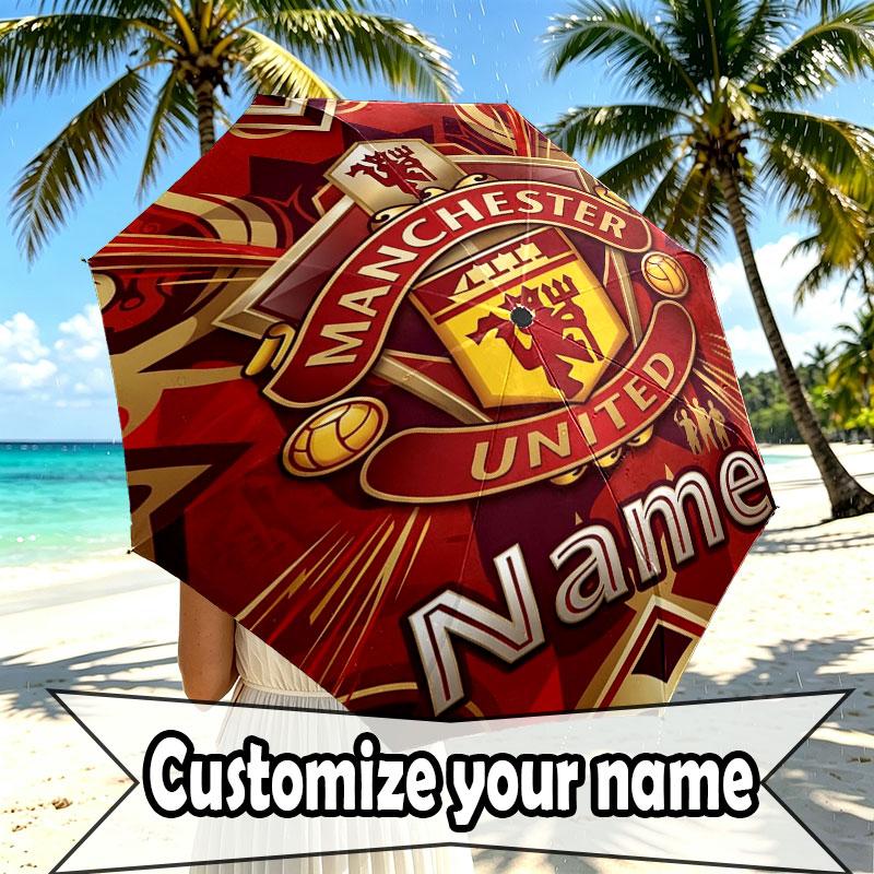 Custom Name Personalized Manchester United Print Umbrella, Auto Open Close, 8‑Rib Sturdy Frame, Commute Camping Hiking Use, Birthday Gift