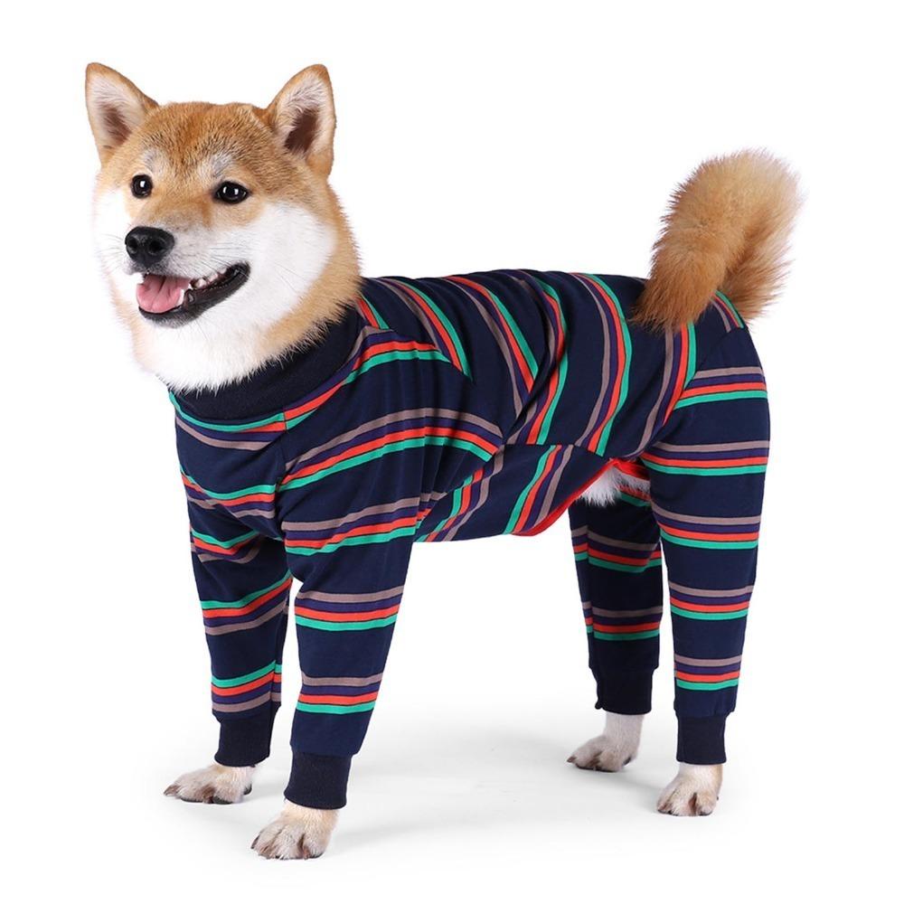 Breathable Dog Recovery Suit Dark Blue Striped Large Dog Bodysuit Dog Pajamas Heat Cycle Care