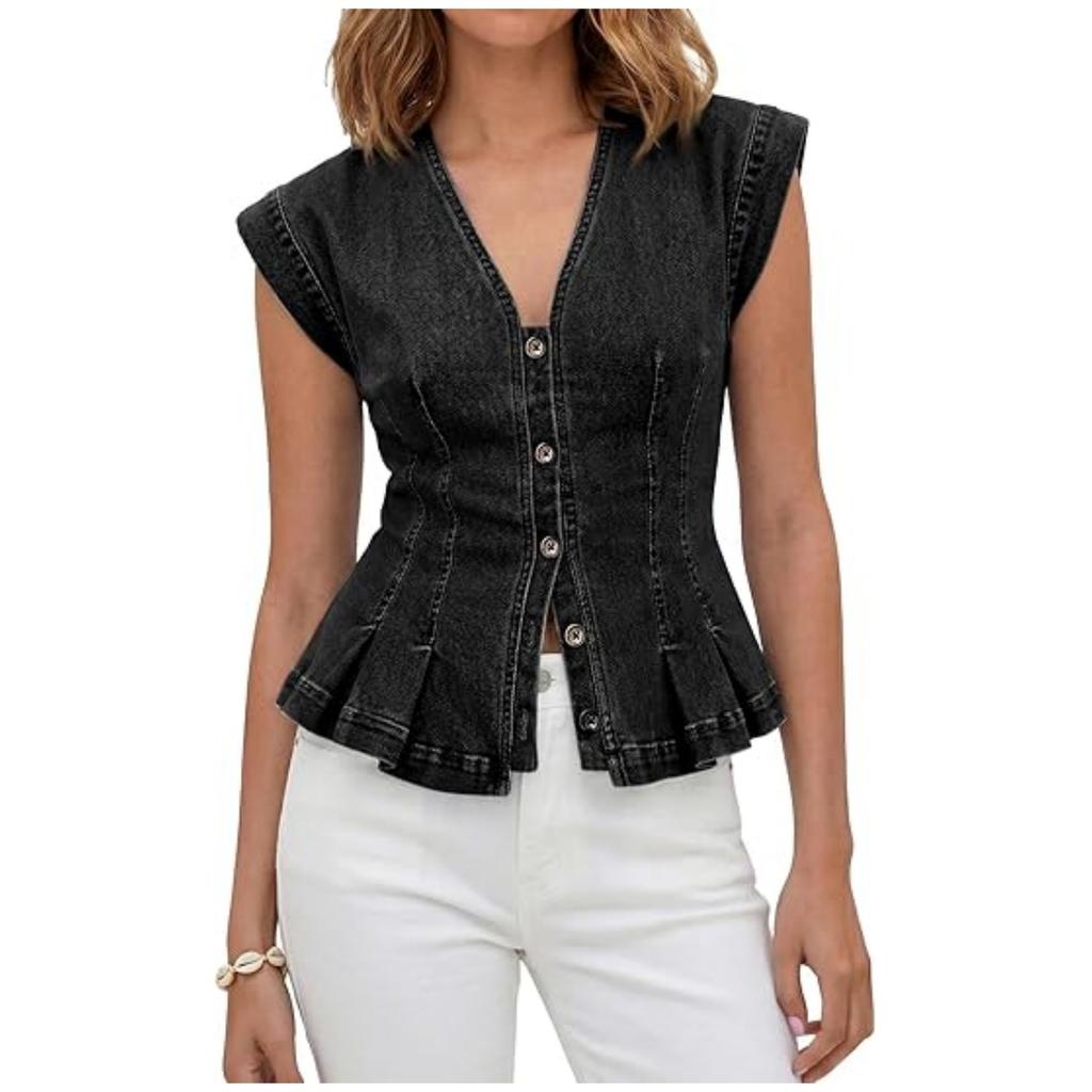 Women S V Neck Denim Vest Buttoned Slim Fit Casual Short Top