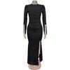 C7271 Women's Fashion Solid Color Long Sleeve Slit Dress with Hot Drilling
