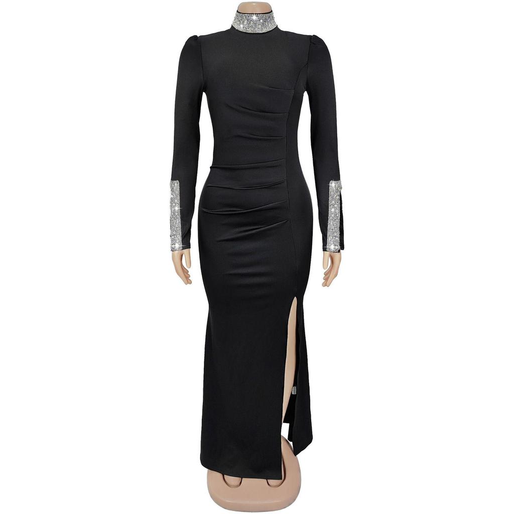 C7271 Women's Fashion Solid Color Long Sleeve Slit Dress with Hot Drilling