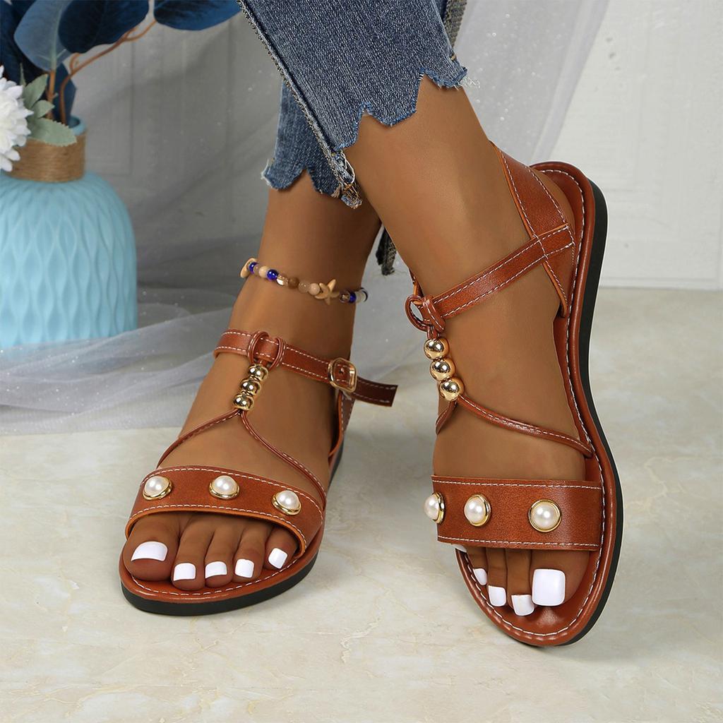 Retro Roman Pearl Buckle Flat Bottomed Comfortable Beach Sandals