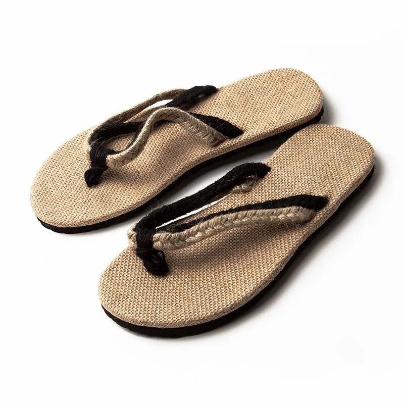 Summer natural linen couple Harajuku hard foam bottom beach flip-flops sandals Luffy straw slippers men