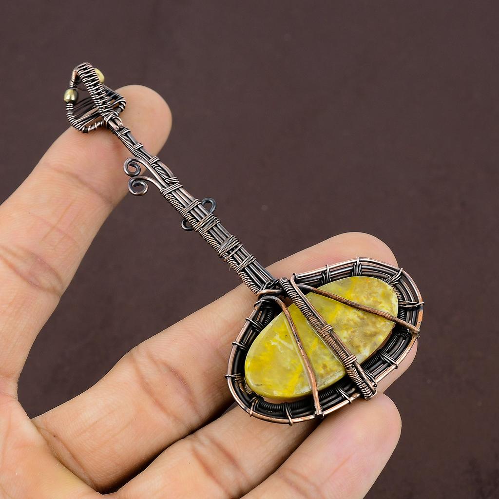 Chitară naturală Bumblee Bee Jasper Gemstone Cupru Wire Wrap Pandantiv 3.82" v6A81