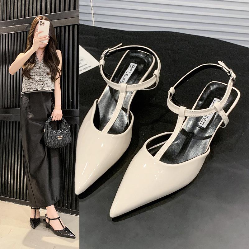 High-heeled Single Shoes Spring and Summer New Shoes Patent Leather Pointed Hollow Bright Leather T-word with Wedge Heel Sandals Women
