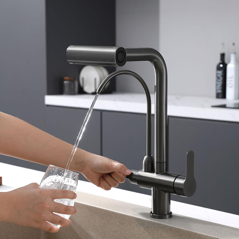 Waterfall Faucet Multi-functional 4 Mode Pure Hot Cold Water Kitchen Faucet Sprayer Sink Wash Tap 360° Rotation Gun Gray Brushed