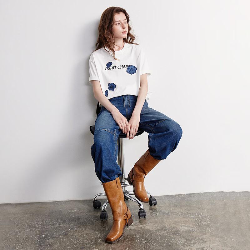 Chuyu Women's Denim Floral Short Sleeve T-Shirt