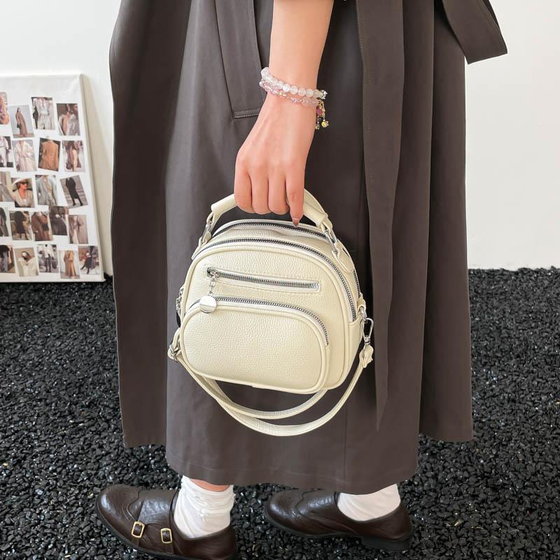 Women Mini Round Leather Handbag Multi Zipper Pockets Top Handle Crossbody Bag Adjustable Strap for Daily Use Ladies' Holiday Gifts
