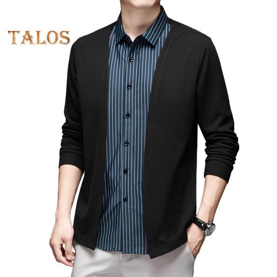 

Мужская рубашка, имитация двухкомпонентного кардигана с отложным воротником, однобортная, в полоску, с длинными рукавами, подходящего цвета, трикотажный, деловой стиль, топ L синий